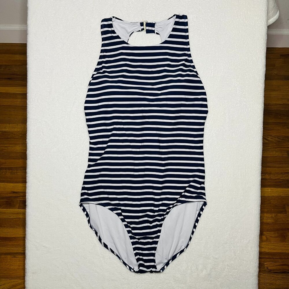 Lands End Navy & White Striped Swim Suit Size XXL